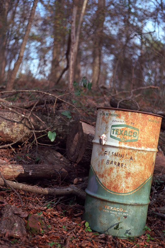 toxic waste barrel in the woods