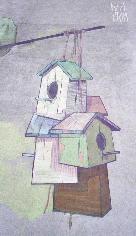 a bindle of bird houses